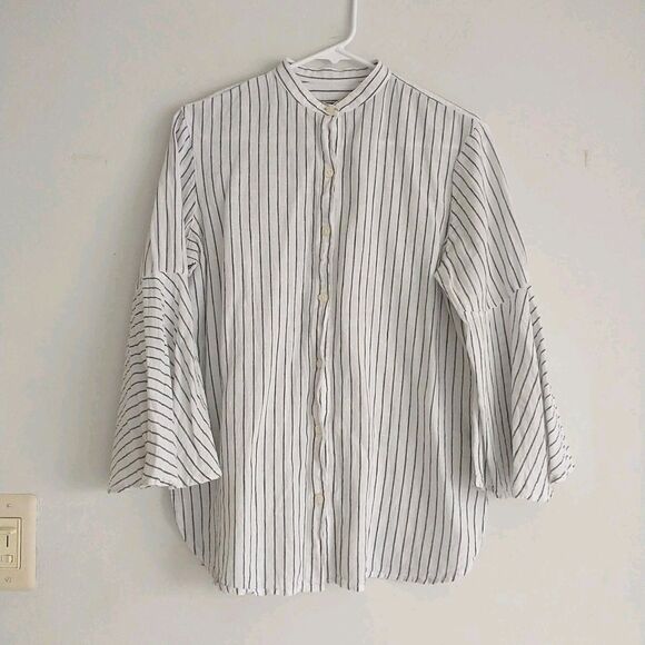 Chaps Ralph Lauren Top Women S/M*White Stripe LinenBlend Tab Collar Flare Sleeve - Picture 1 of 8